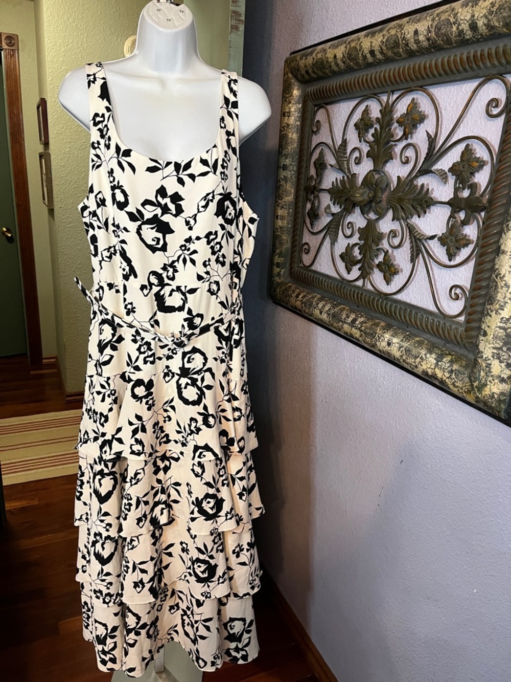 EUC Lauren Ralph Lauren Black and White Floral Tiered Maxi Dress Sz 18